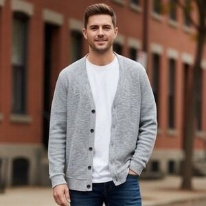 1901 Cardigan Sweater Mens Size L Gray Button Front Long Sleeve Knitwear V-Neck